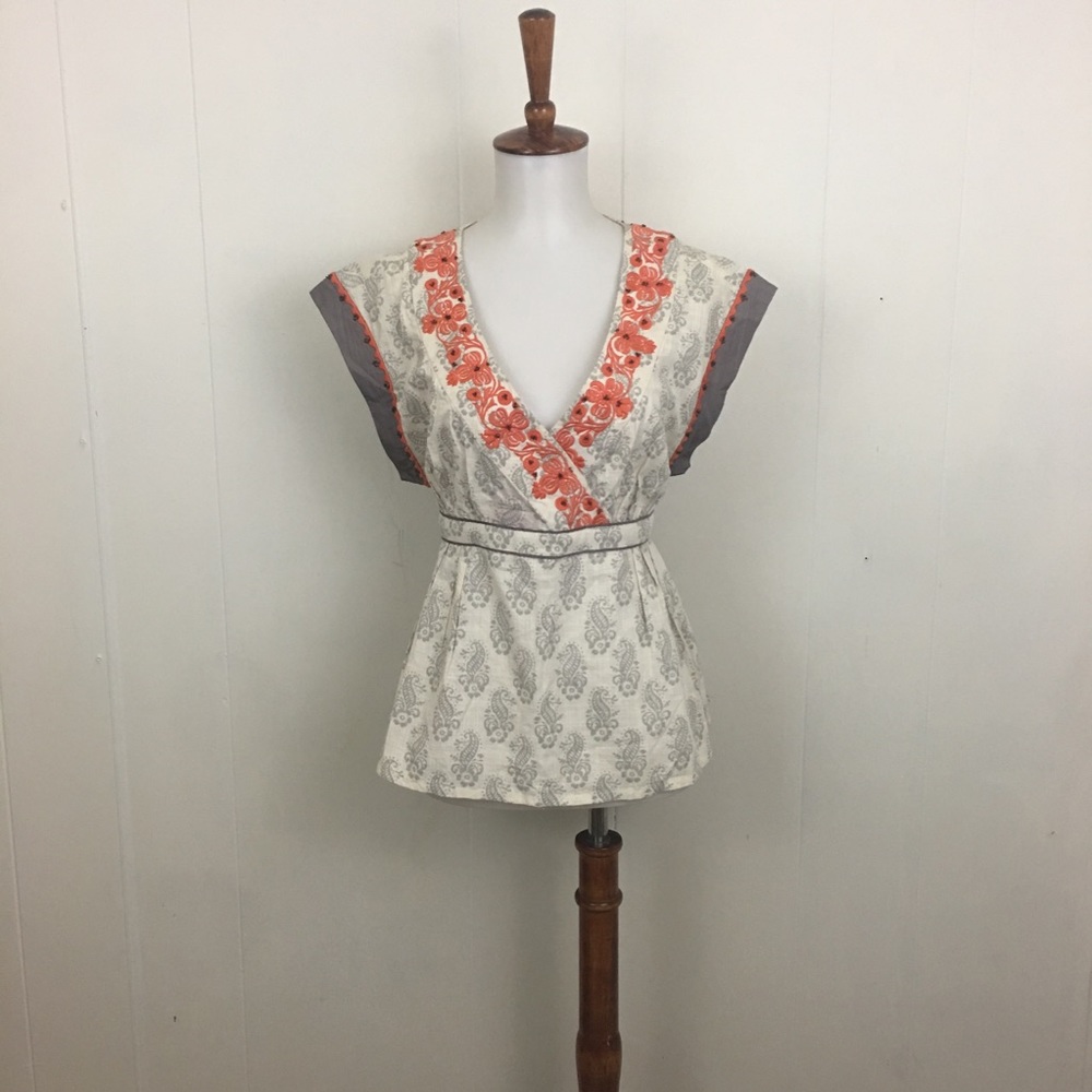 Anthropologie Embroidered Tie Back Top